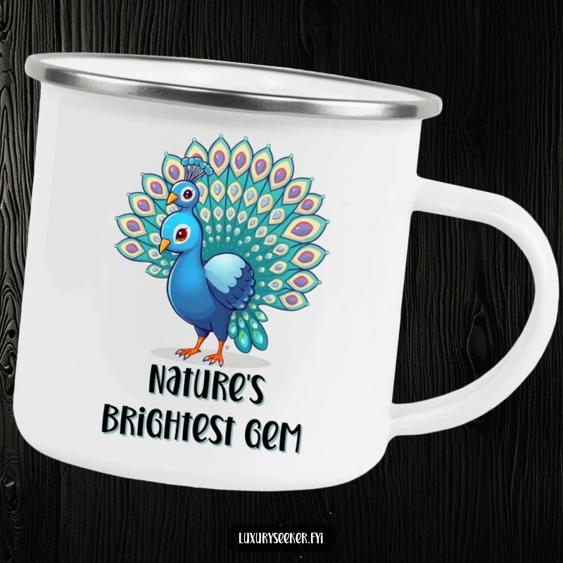 Funny Peacock Camping Mug showing a proud bird fanning its tail feathers adorned with tiny gems, perfect for rugged yet humorous adventures.