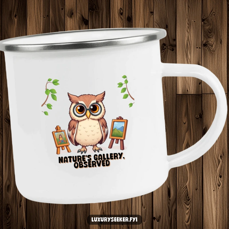Funny enamel camping mug with a monocled owl critiquing a miniature art gallery, perfect for adventurous art lovers with a humorous streak.