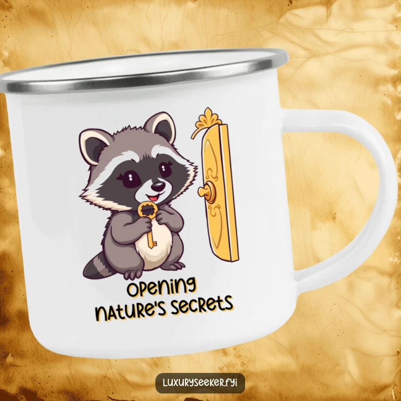 Funny camping mug: A content raccoon holds a key and peers through a tiny golden door, adding charm to outdoor settings.