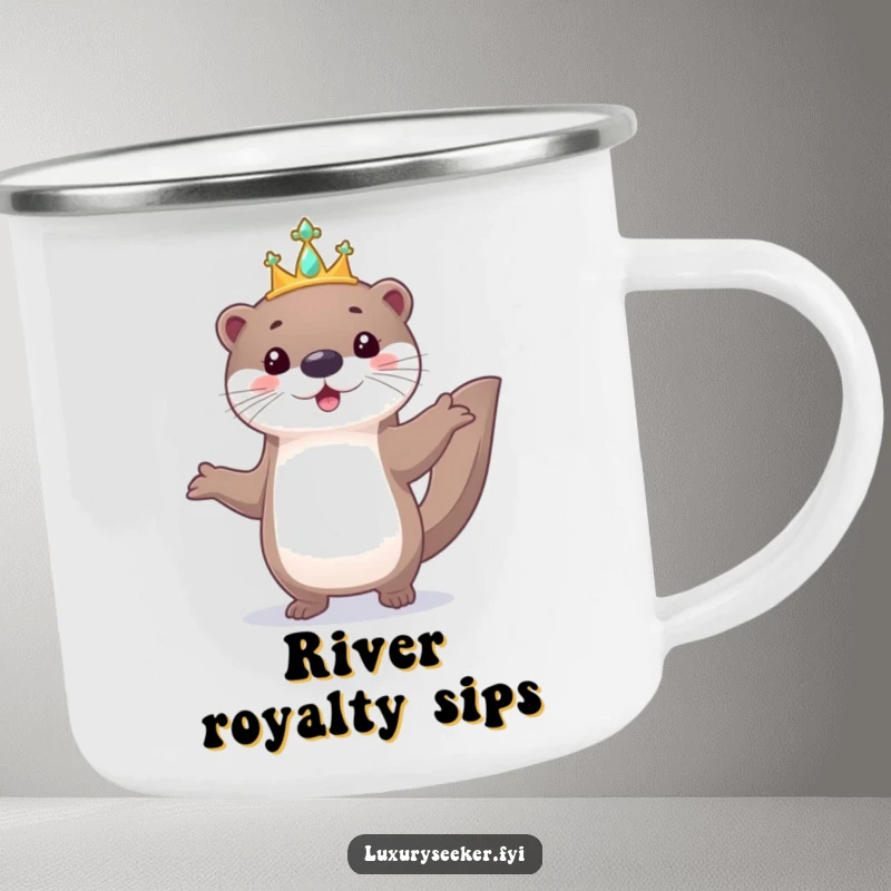 Funny camping mug featuring a playful otter parading with a tiny, jeweled tiara, ideal for outdoor royalty.