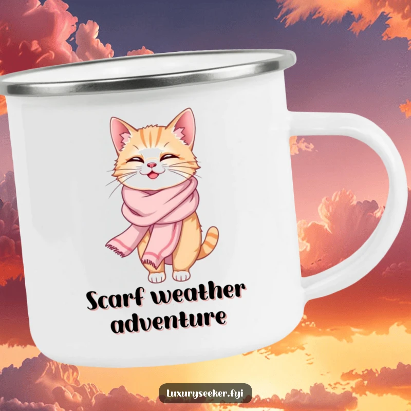 Funny enamel camping mug featuring a giggling cat draped in a silk scarf, perfect for outdoor adventures and humorous sipping.