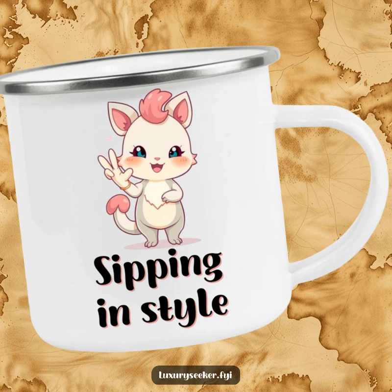 Funny camping mug of a cheerful creature with rosy blush posing elegantly with a long, elegant glove, ready for humorous outdoor adventures.