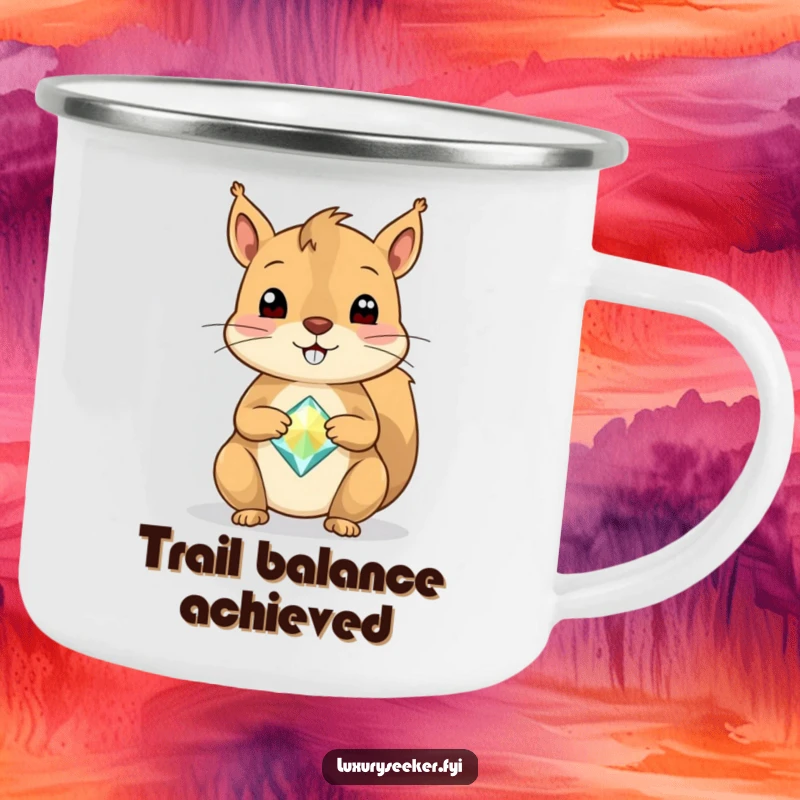 Funny Squirrel Camping Mug showing a cheerful squirrel balancing a single, sparkly gemstone on its nose, ready for outdoor enjoyment.