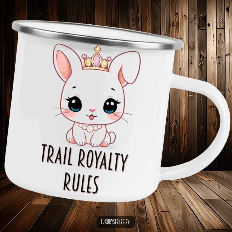 Funny camping mug showing a cute bunny character wearing a sparkling tiara and pearl necklace, adding royal charm to outdoor trips.