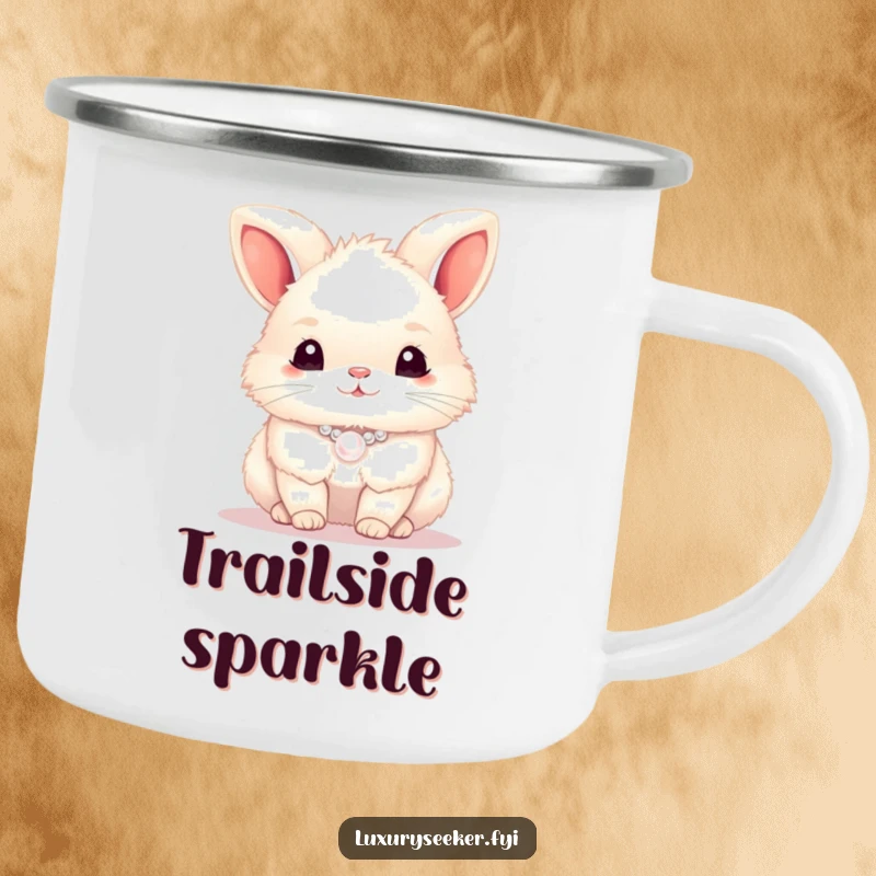 Funny bunny wearing a pearl necklace on a rustic camping mug, perfect for outdoor adventures, a funny gift.