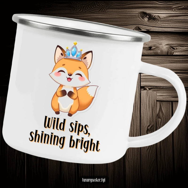 Funny Fox Tiara Camping Mug: Sturdy enamel mug featuring a joyful fox holding a small, sparkling tiara aloft, perfect for enjoying drinks outdoors with humor.