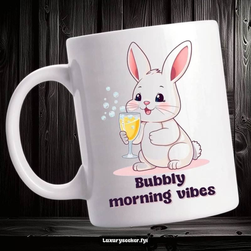 Funny mug: A playful bunny holding a tiny champagne flute with overflowing bubbly, looking ready to party and celebrate.