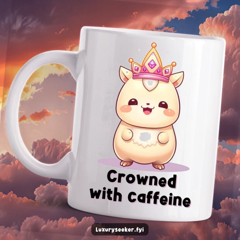 Funny mug of a gleaming creature with a proud smile admiring a sparkling, tiny crown, radiating humorous self-importance and joy.