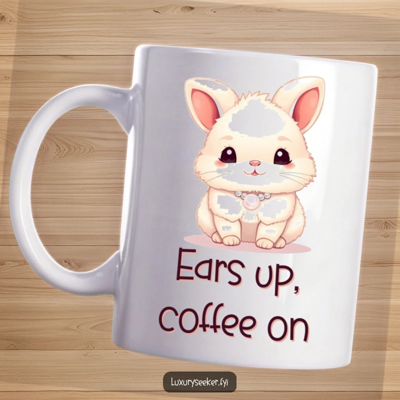 Funny bunny wearing a pearl necklace, holding a mug, looking sophisticated and cute, perfect for a funny gift.