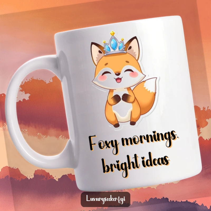 Funny Fox Tiara Mug: A joyful fox character proudly holding a small, sparkling tiara aloft, radiating happiness and whimsical charm.