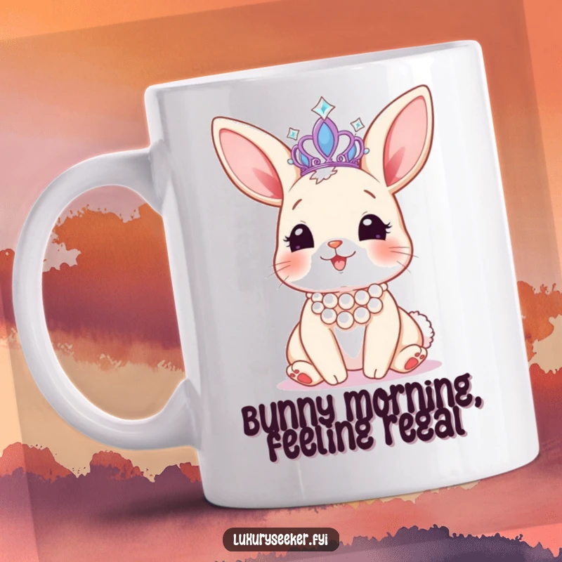 Funny mug featuring a happy bunny adorned with a pearl necklace, admiring a sparkling tiara, embodying adorable regality.