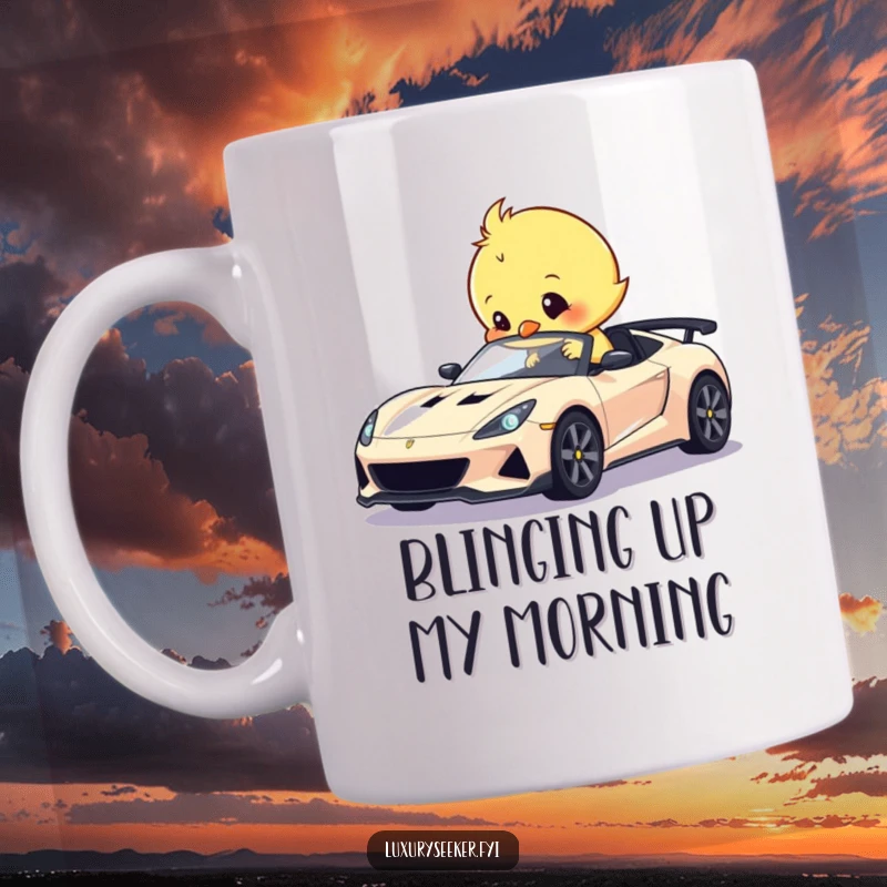 Funny mug of a sweet chick humorously polishing a miniature, shiny sports car with dedication and glee.