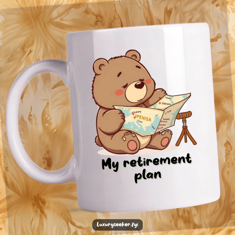 Funny mug showing a serious bear closely examining a world map, with several high-end destinations X'd out.