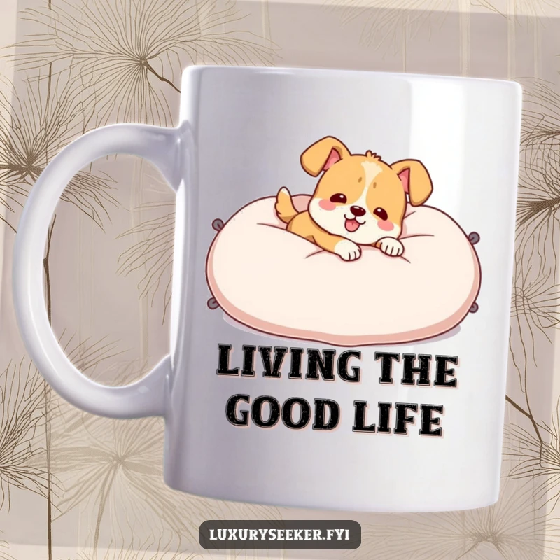 Funny Mug showcasing a cheerful dog character blissfully lounging on a huge, plush velvet pillow, radiating contentment.
