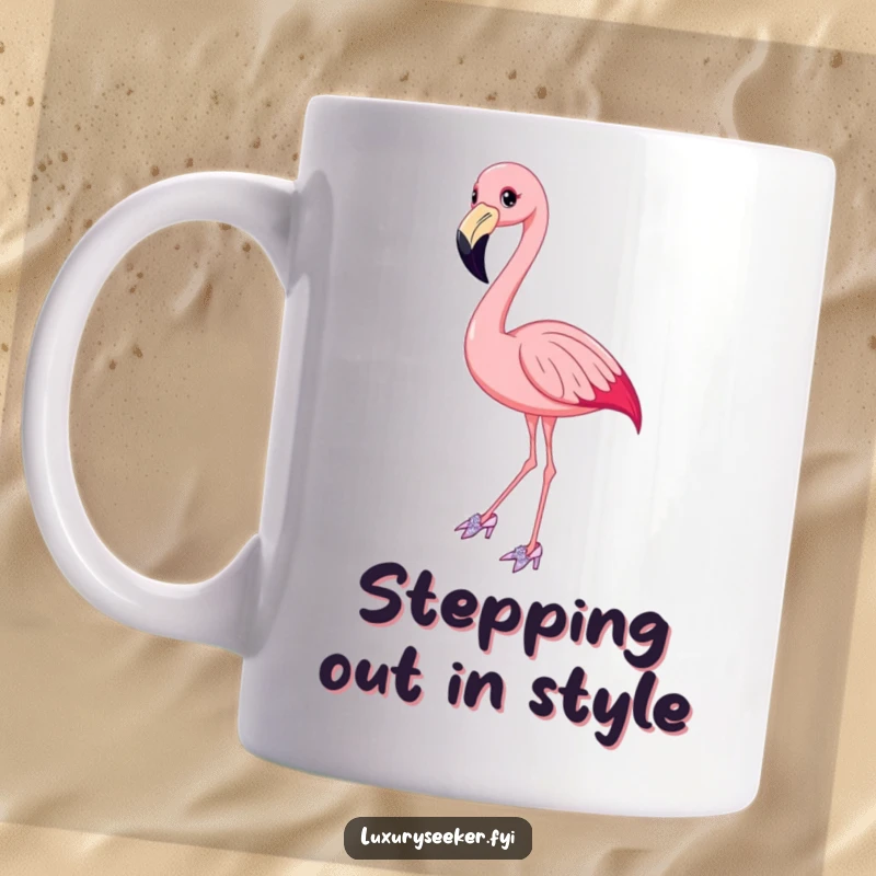 Funny Flamingo Mug featuring a smiling bird in elegant, sparkly shoes, striking a graceful pose with personality.