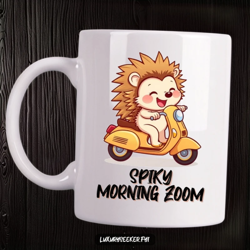 Funny Mug: A joyful hedgehog zooms confidently on a tiny golden scooter with a big smile, embodying happiness and fun.