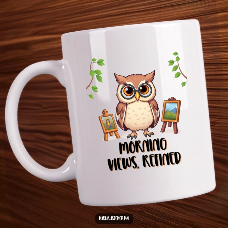 Funny mug featuring a proud owl wearing a monocle, attentively surveying a miniature art gallery, embodying cultured and humorous observation.