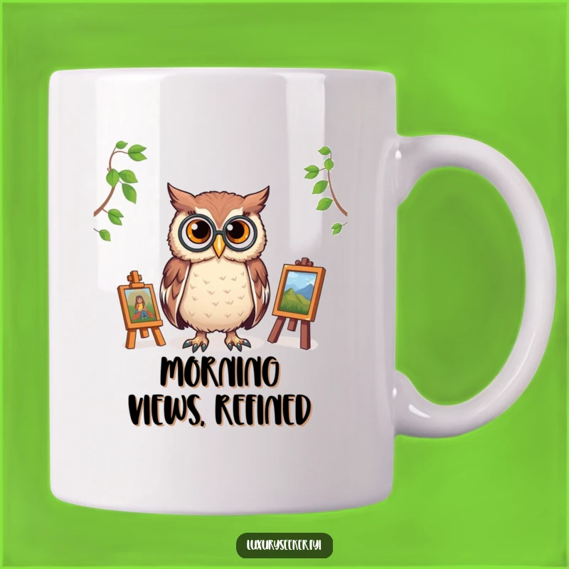 Funny Owl Art Critic Mug: Monocled Owl Surveys Gallery, Perfect Funny Gift for Art Lovers