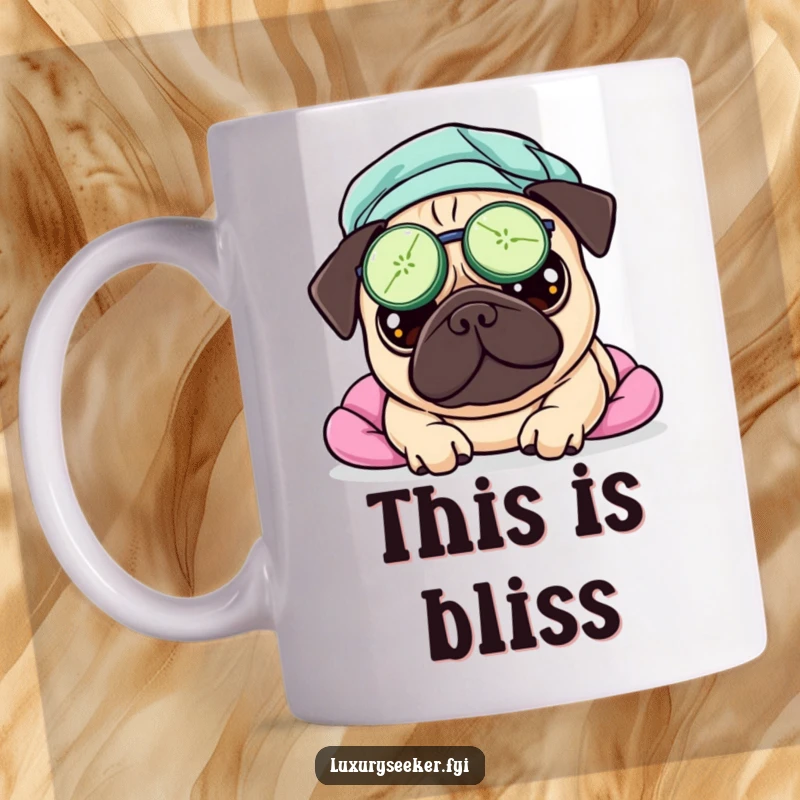 Funny mug of a pampered pug wearing cucumber slices on its eyes, looking utterly relaxed and blissful during a spa day.