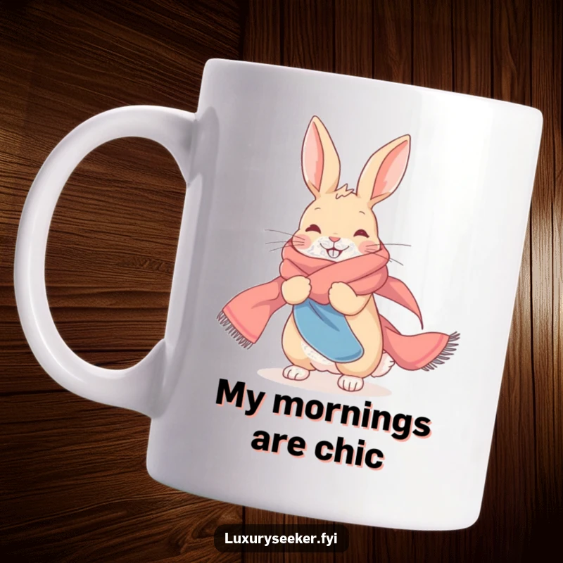 Funny Mug: A delighted rabbit elegantly draped in a long, flowing silk scarf.