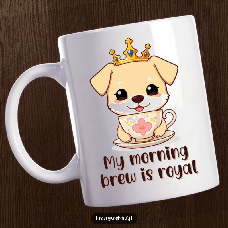 Funny Mug: A happy dog wearing a small crown, delicately sipping tea from a golden teacup.