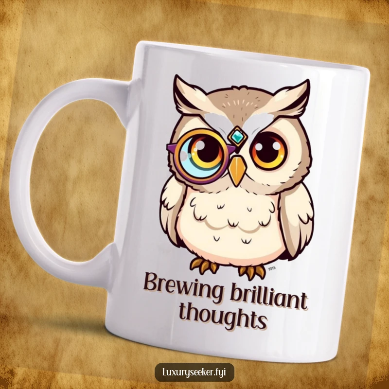Funny Mug: A content owl with a jeweled monocle looks sophisticated, exuding wisdom and humorous charm.