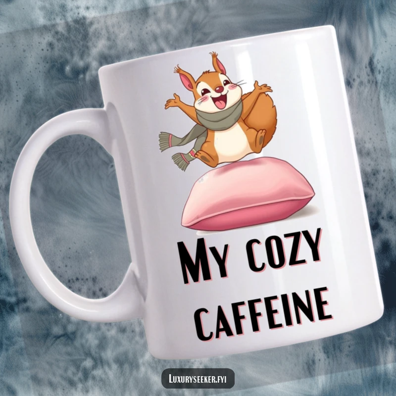 Funny mug: An excited squirrel in a designer scarf joyfully jumping onto a luxurious velvet cushion, exuding playful opulence.