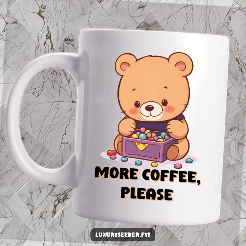 Funny Bear Mug showing a curious bear mesmerized by a tiny, overflowing jewelry box filled with sparkling gems and pearls.