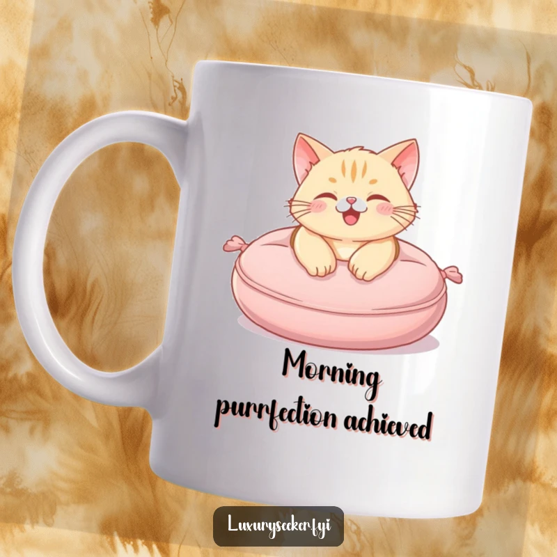Funny Mug features a happy cat blissfully lounging on a plush, miniature velvet cushion, embodying pure contentment.