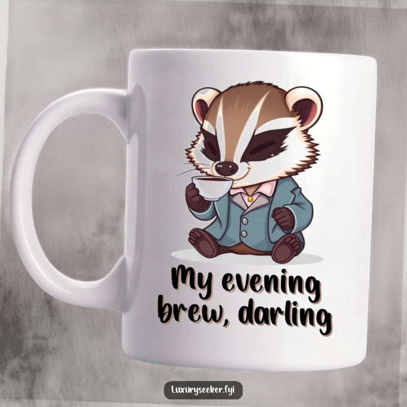 Funny mug featuring a mischievous badger in a silk smoking jacket, daintily sipping from a tiny teacup, exuding sophisticated humor.