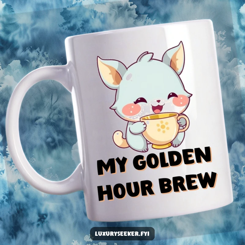 Funny mug showing a joyful creature with a knowing smile delicately sipping from a tiny, ornate golden teacup, embodying perfect contentment.