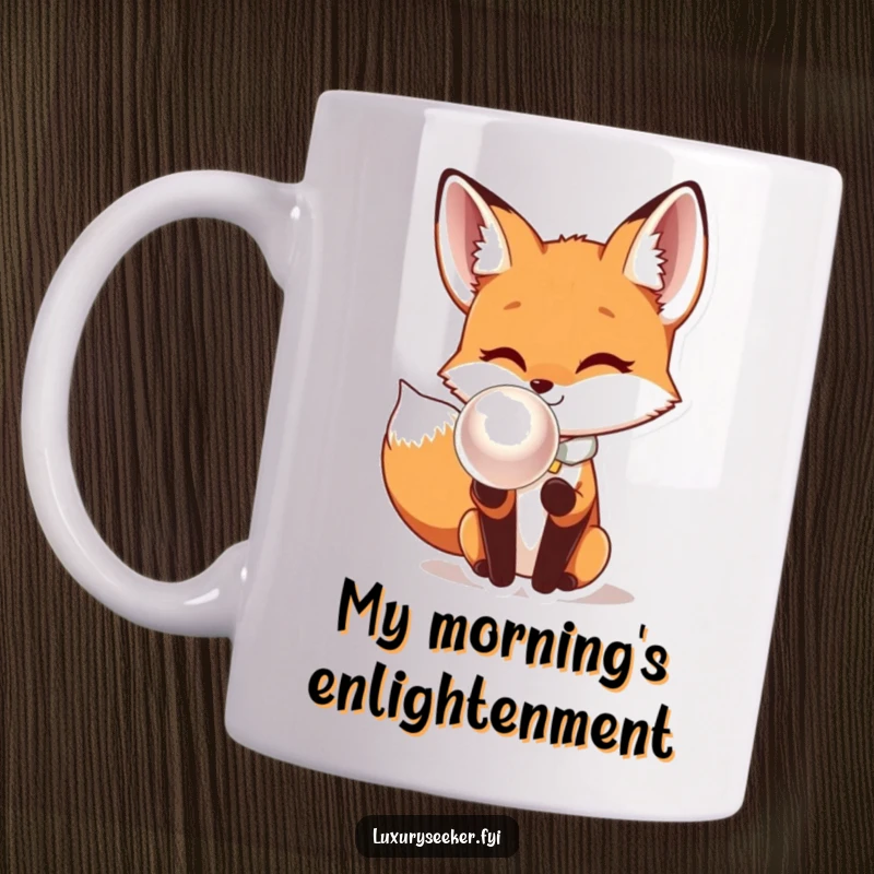 Funny Fox Mug: A curious fox in a silk bow tie inspects a giant shimmering pearl, exuding sophisticated humor and charm.