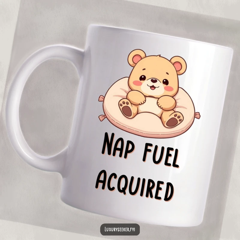 Funny mug featuring a delighted bear blissfully lounging on a luxurious velvet cushion, embodying pure relaxation and comfort.