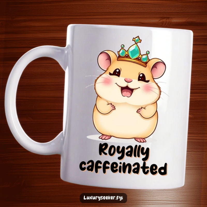 Funny mug: A giggling hamster sits regally, wearing a tiny, sparkling jeweled crown, exuding adorable charm and humor.