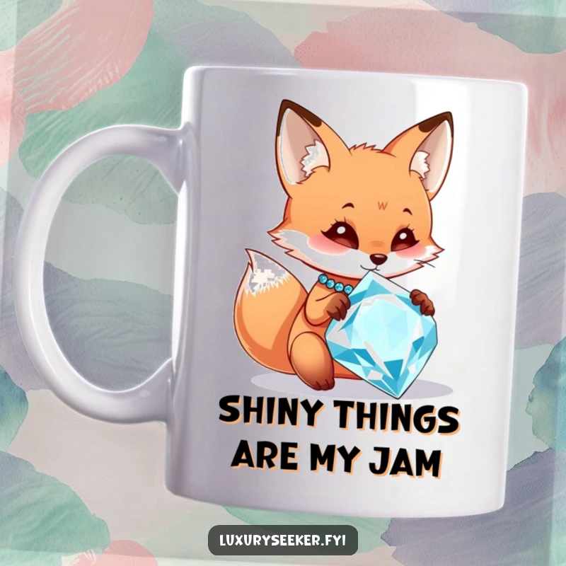 Funny mug with a curious fox character mesmerized by a large, sparkling diamond necklace, radiating joy and a touch of greed.