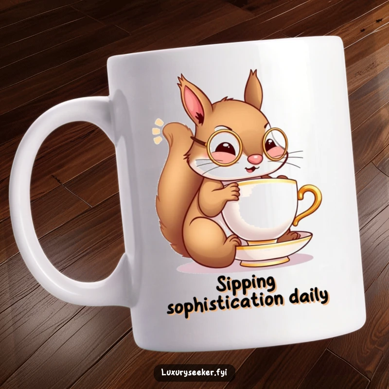 Funny mug featuring a cheerful squirrel wearing a tiny monocle, elegantly sipping from a miniature golden teacup, embodying sophisticated delight.