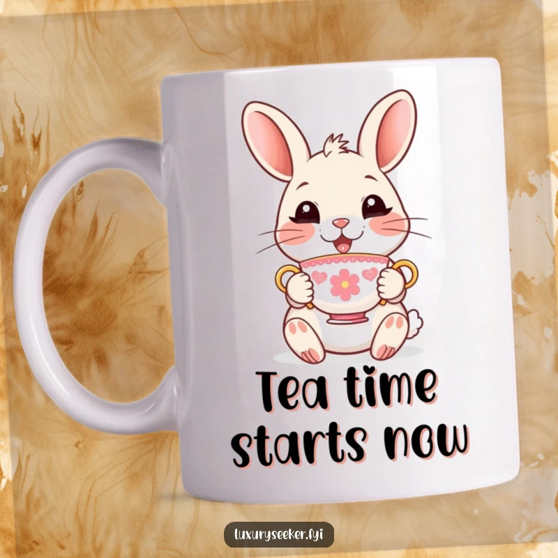 Funny Mug showcasing a delighted rabbit character delicately holding a tiny, ornate teacup, conveying gentle contentment and refined humor.