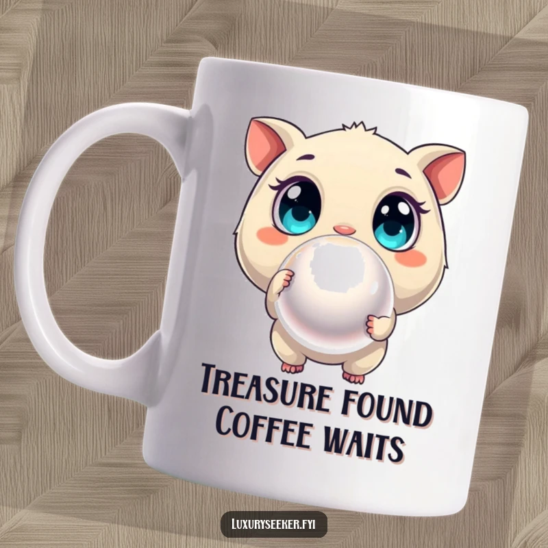 Funny mug with a curious creature featuring wide eyes, pointing at a large, shimmering pearl.