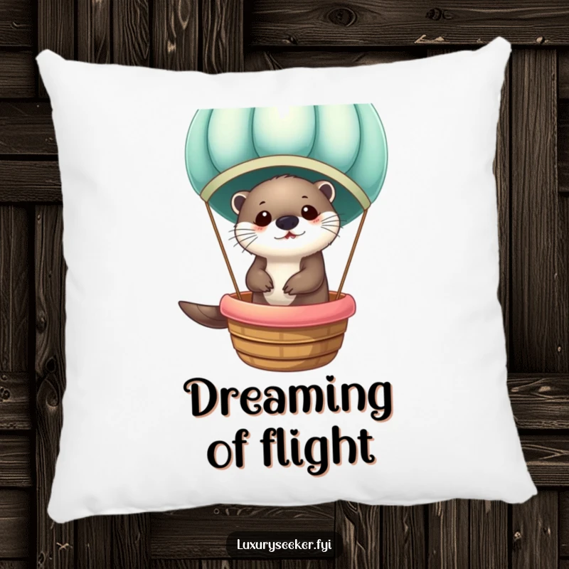 Funny Otter in Velvet Hot Air Balloon Pillow: Soft decorative pillow featuring an otter's charming velvet balloon ride, ideal for comfort.
