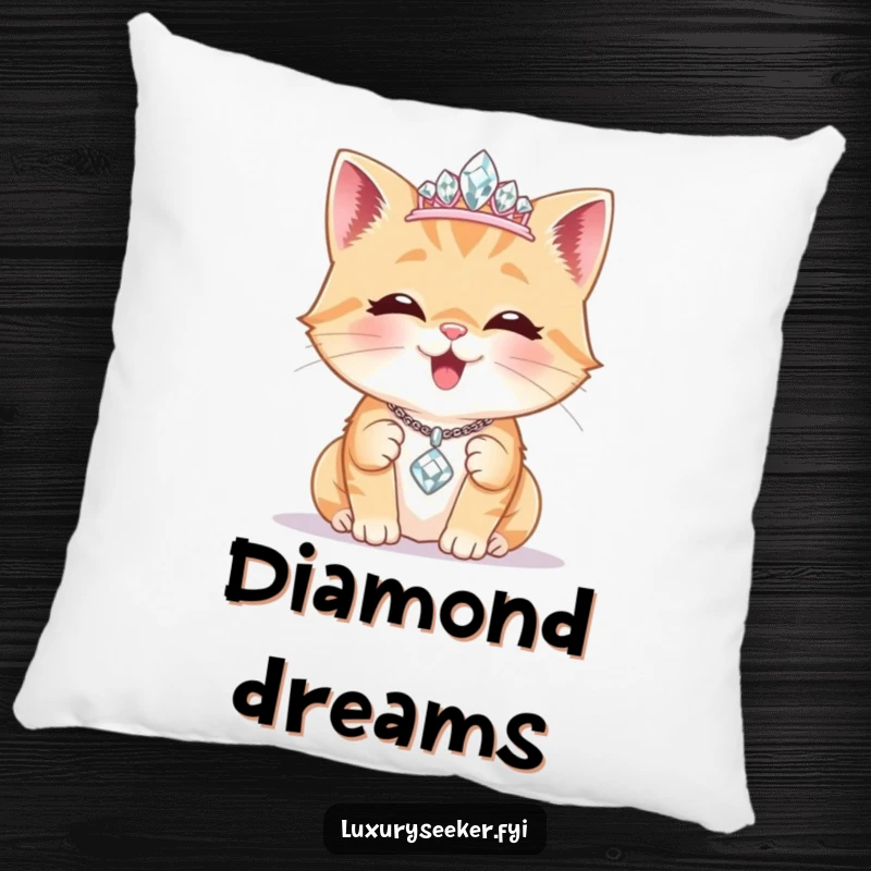 Funny Pillow: A delighted cat sports a tiny diamond tiara, admiring a sparkling necklace, bringing comfort and regal feline charm.