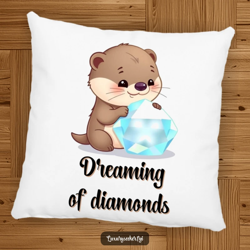 Funny otter pillow featuring a curious character captivated by the sparkle of a large, glistening gemstone, adding cozy charm.