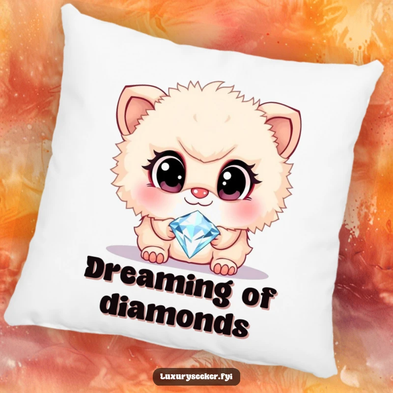 Funny pillow design featuring a cute, fluffy creature with large, admiring eyes gazing at a sparkling diamond necklace, expressing pure delight.