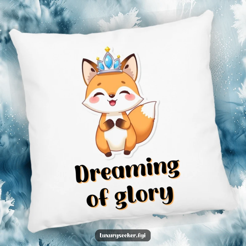 Funny Fox Tiara Pillow: A plush pillow featuring a joyful fox holding a small, sparkling tiara aloft, offering comfort and comical glamorous charm.