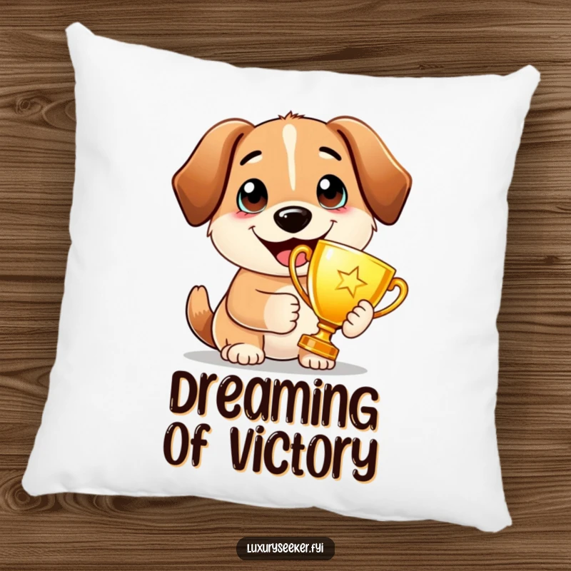 Funny Pillow: A proud dog holds a golden trophy with a wide smile, bringing comfort and a symbol of canine victory and pride.