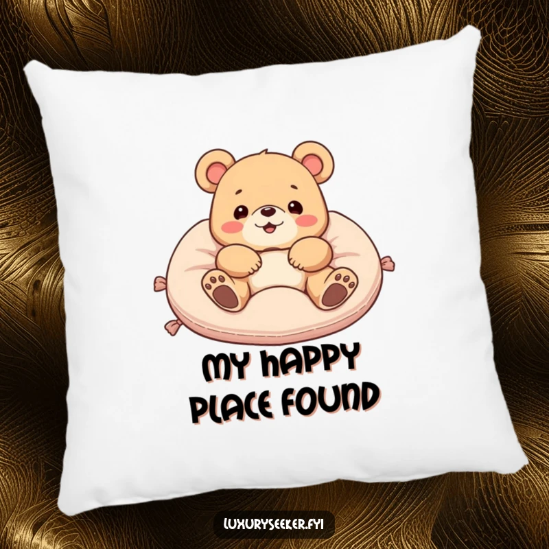 Funny pillow with a delighted bear lounging comfortably on a plush velvet cushion, adding humorous charm and softness to any room.