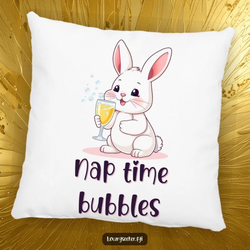 Funny pillow: A delighted bunny holding a small champagne flute with bubbly, bringing portable party vibes to comfort.