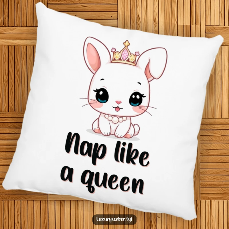 Funny pillow featuring a cute bunny character wearing a sparkling tiara and pearl necklace, bringing cozy, royal comfort to any setting.