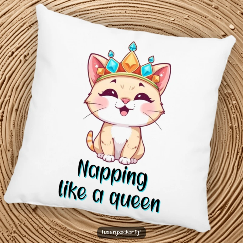 Funny Pillow showing a happy cat character sporting a large, ornate, jeweled crown, offering plush comfort and humorous appeal.