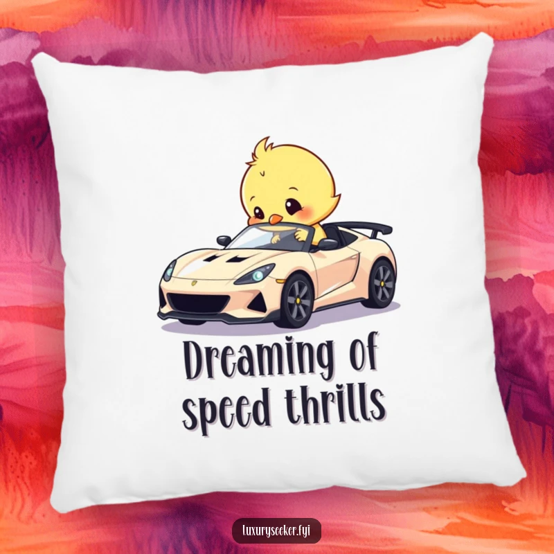 Funny decorative pillow with a sweet chick humorously polishing a tiny, gleaming sports car, adding automotive whimsy and comfort.