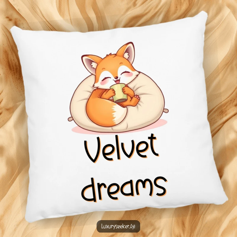 Funny Pillow: A joyful fox lounges contentedly on a plush velvet pillow with a cup, offering ultimate comfort and a playful touch.